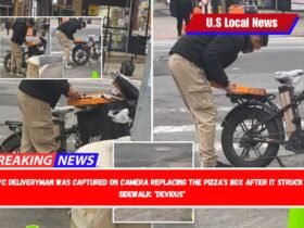 A NYC deliveryman was captured on camera replacing the pizza's box after it struck the sidewalk: "Devious"