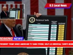 President Trump urged Americans to 'hang strong,' golfs as universal tariffs begin