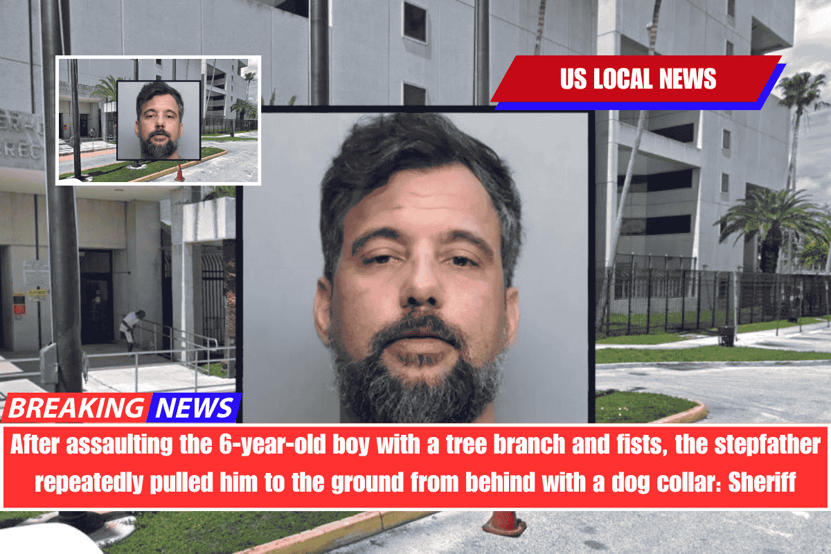 After assaulting the 6-year-old boy with a tree branch and fists, the stepfather repeatedly pulled him to the ground from behind with a dog collar Sheriff