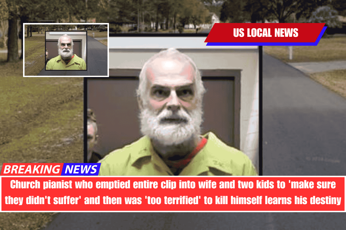 Church pianist who emptied entire clip into wife and two kids to 'make sure they didn't suffer' and then was 'too terrified' to kill himself learns his destiny