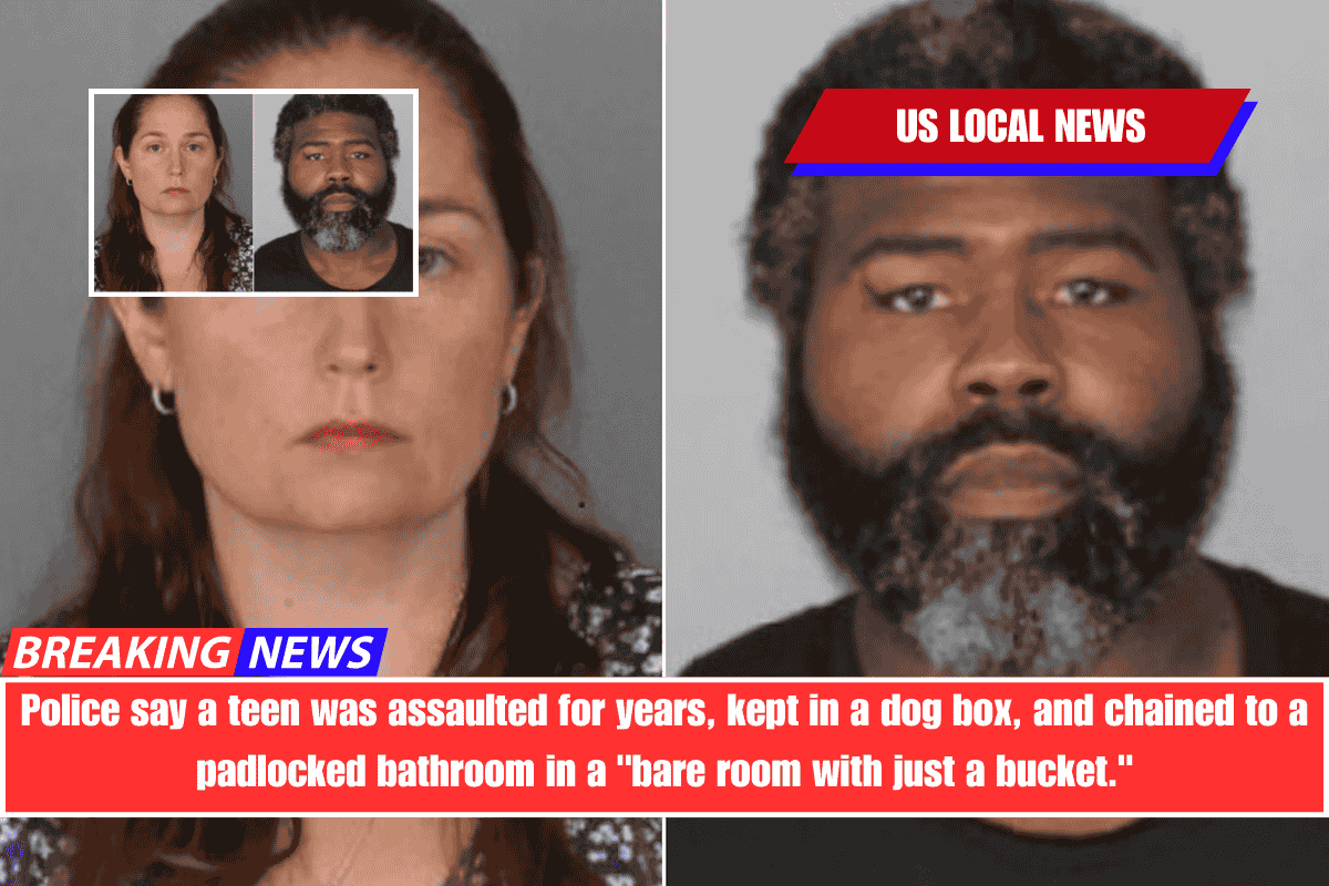 Police say a teen was assaulted for years, kept in a dog box, and chained to a padlocked bathroom in a bare room with just a bucket.